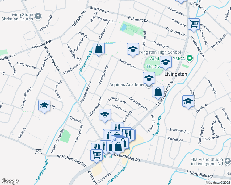 map of restaurants, bars, coffee shops, grocery stores, and more near 2 Salem Place in Livingston