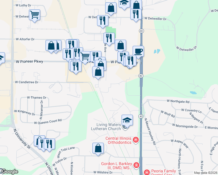 map of restaurants, bars, coffee shops, grocery stores, and more near 7635 Walnut Bend Drive in Peoria