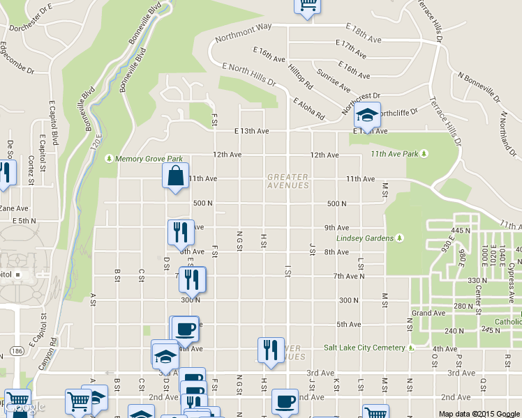 map of restaurants, bars, coffee shops, grocery stores, and more near 483 H Street in Salt Lake City