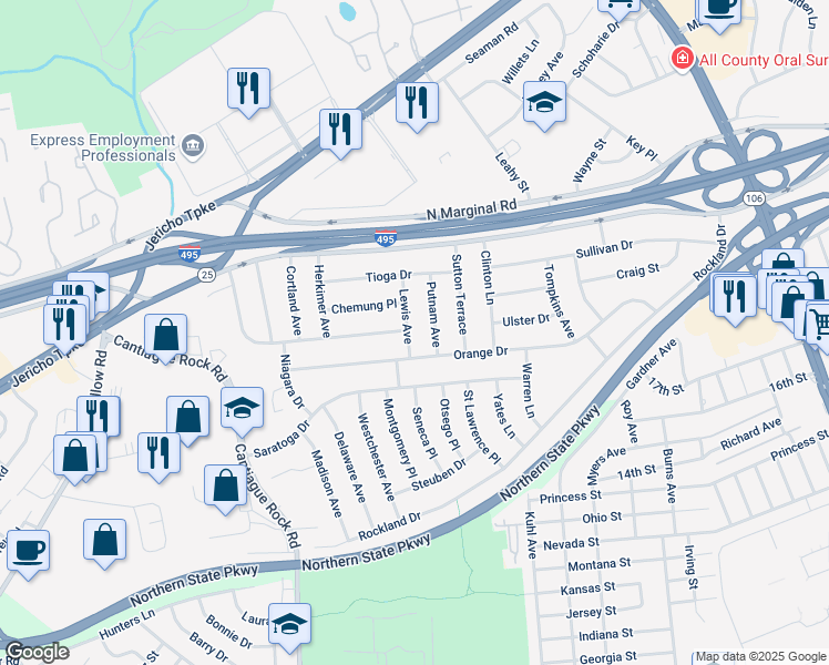 map of restaurants, bars, coffee shops, grocery stores, and more near 6 Lewis Avenue in Jericho