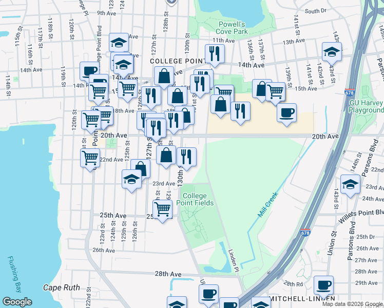 map of restaurants, bars, coffee shops, grocery stores, and more near 2035 130th Street in Queens
