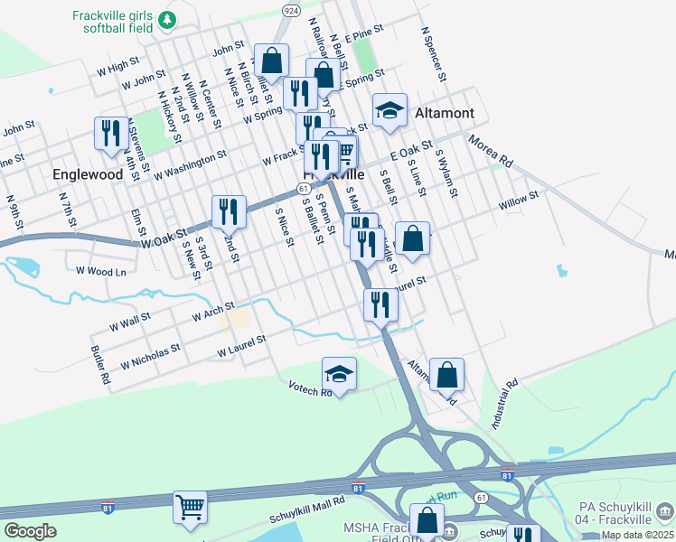 map of restaurants, bars, coffee shops, grocery stores, and more near 305 South Balliet Street in Frackville