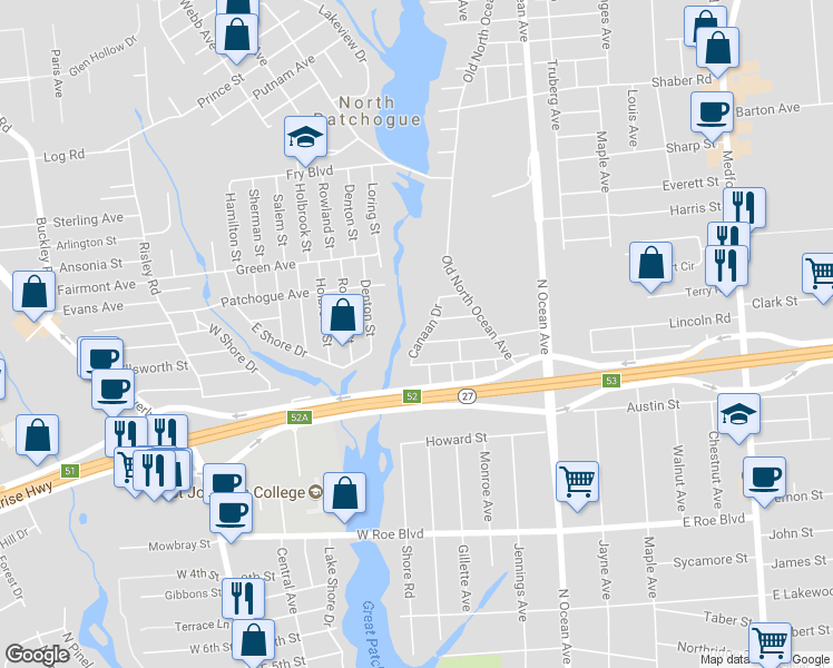 map of restaurants, bars, coffee shops, grocery stores, and more near 96 Canaan Drive in Patchogue