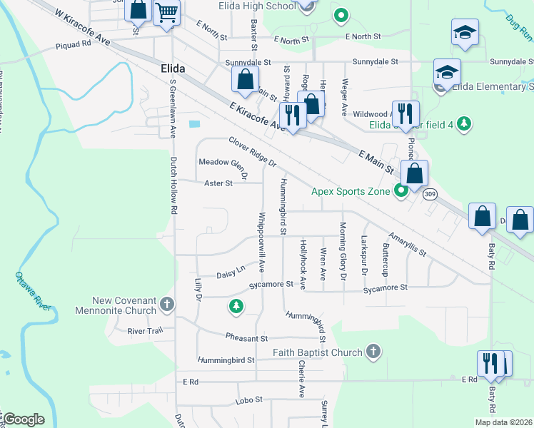 map of restaurants, bars, coffee shops, grocery stores, and more near 2950 Whippoorwill Avenue in Elida