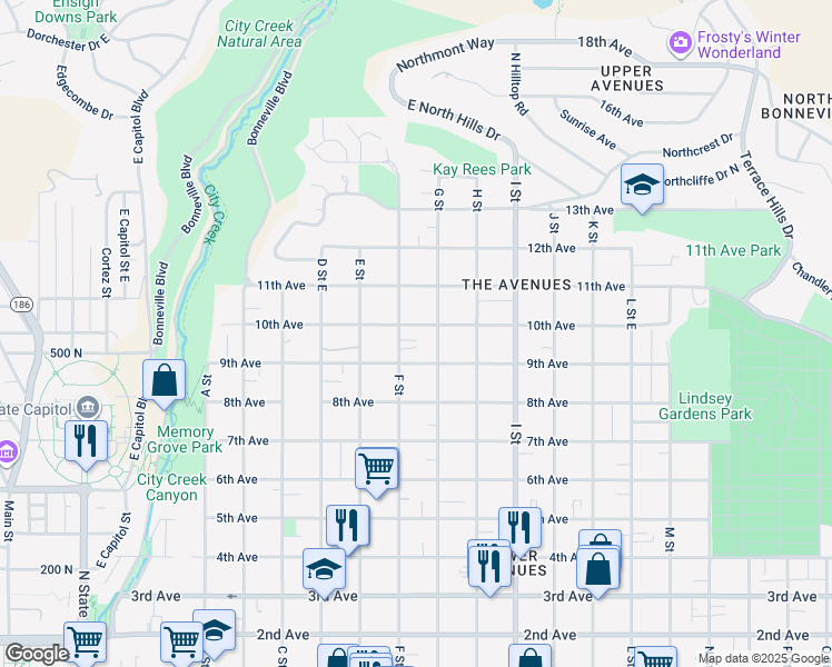 map of restaurants, bars, coffee shops, grocery stores, and more near 454 10th Avenue in Salt Lake City