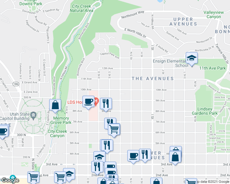 map of restaurants, bars, coffee shops, grocery stores, and more near 477 E Street East in Salt Lake City