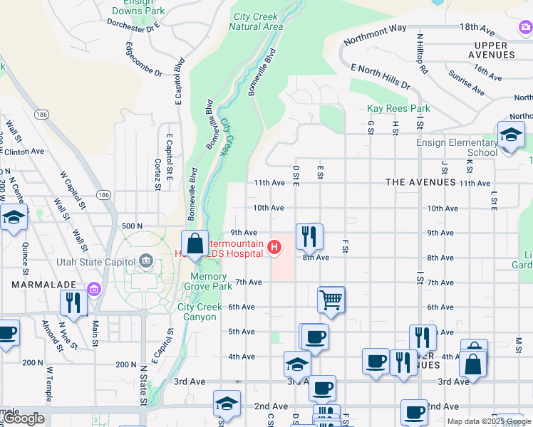 map of restaurants, bars, coffee shops, grocery stores, and more near 310 10th Avenue in Salt Lake City