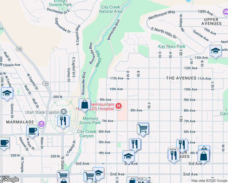 map of restaurants, bars, coffee shops, grocery stores, and more near 310 10th Avenue in Salt Lake City