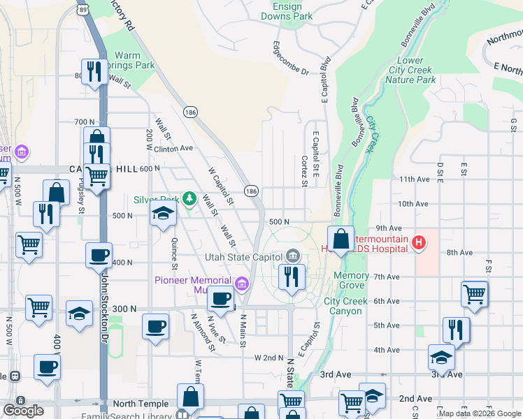 map of restaurants, bars, coffee shops, grocery stores, and more near 530 East Zane Avenue in Salt Lake City