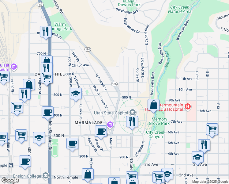 map of restaurants, bars, coffee shops, grocery stores, and more near in Salt Lake City
