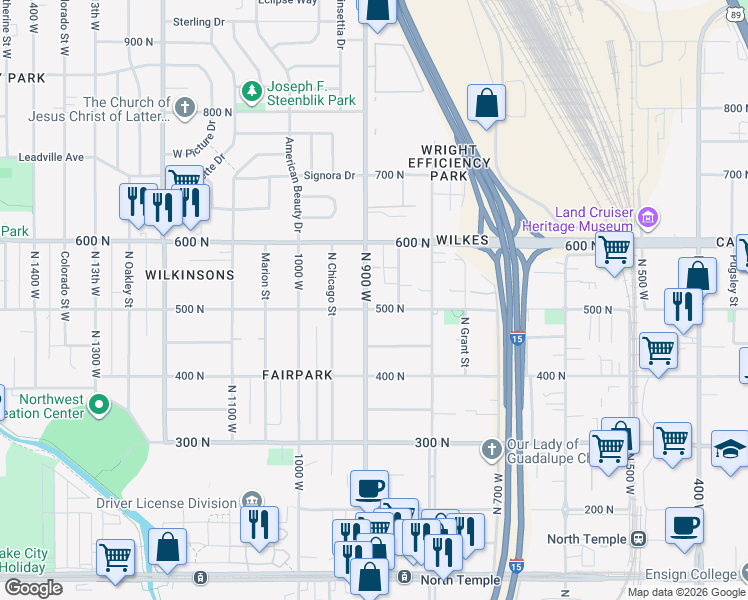 map of restaurants, bars, coffee shops, grocery stores, and more near 878 500 North in Salt Lake City