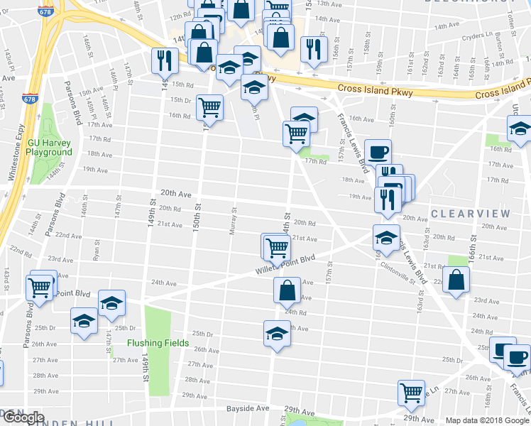 map of restaurants, bars, coffee shops, grocery stores, and more near 151-43 20th Road in Queens