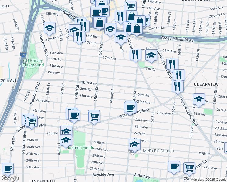 map of restaurants, bars, coffee shops, grocery stores, and more near 151-01 20th Road in Queens