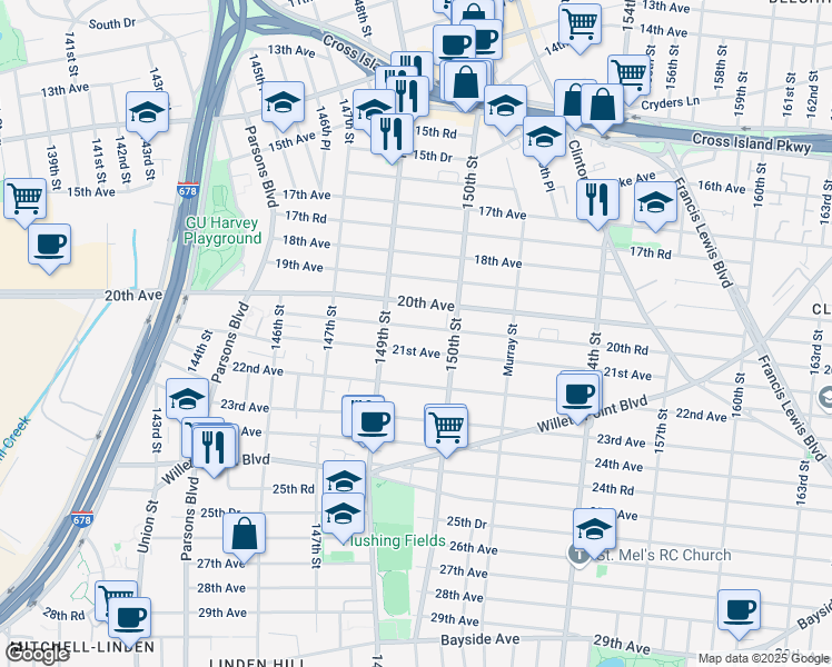 map of restaurants, bars, coffee shops, grocery stores, and more near 149-12 20th Road in Queens
