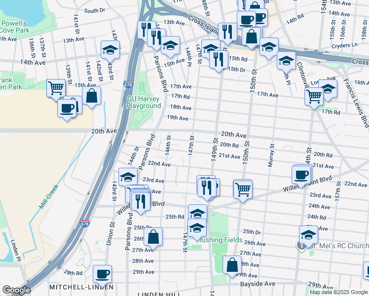 map of restaurants, bars, coffee shops, grocery stores, and more near 20-40 147th Street in Queens