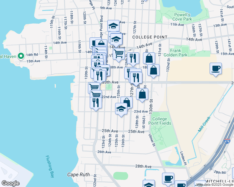 map of restaurants, bars, coffee shops, grocery stores, and more near 20-40 125th Street in Queens