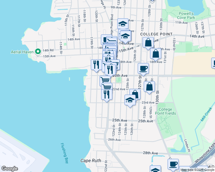 map of restaurants, bars, coffee shops, grocery stores, and more near 20-39 121st Street in Queens