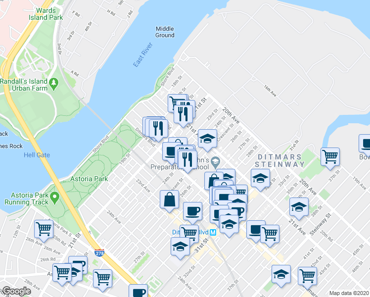 map of restaurants, bars, coffee shops, grocery stores, and more near 21-36 24th Street in Queens