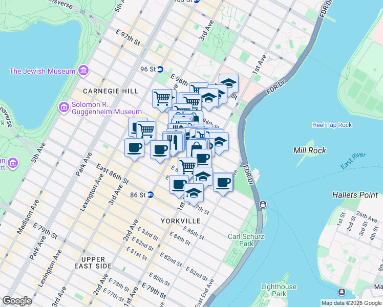 map of restaurants, bars, coffee shops, grocery stores, and more near 316 East 91st Street in New York