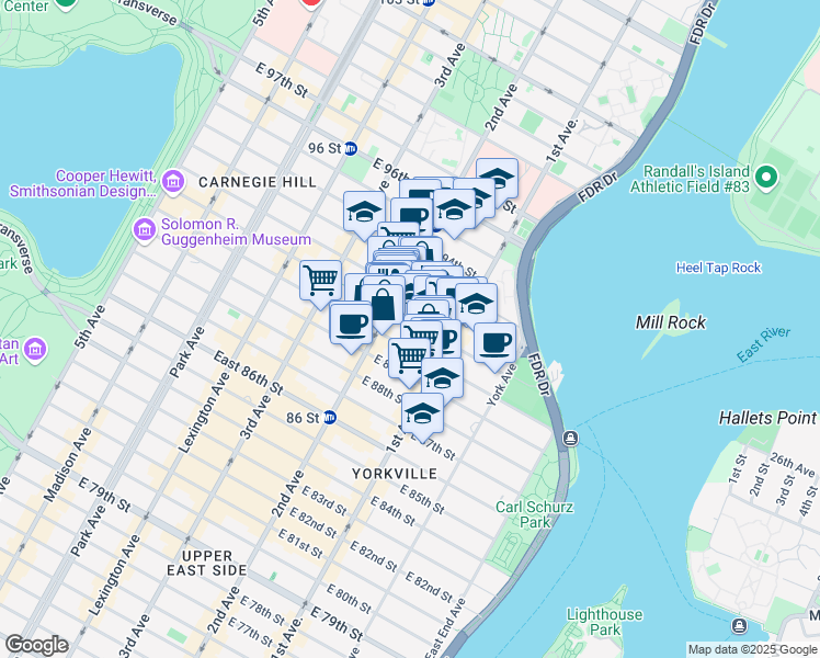 map of restaurants, bars, coffee shops, grocery stores, and more near 316 East 91st Street in New York
