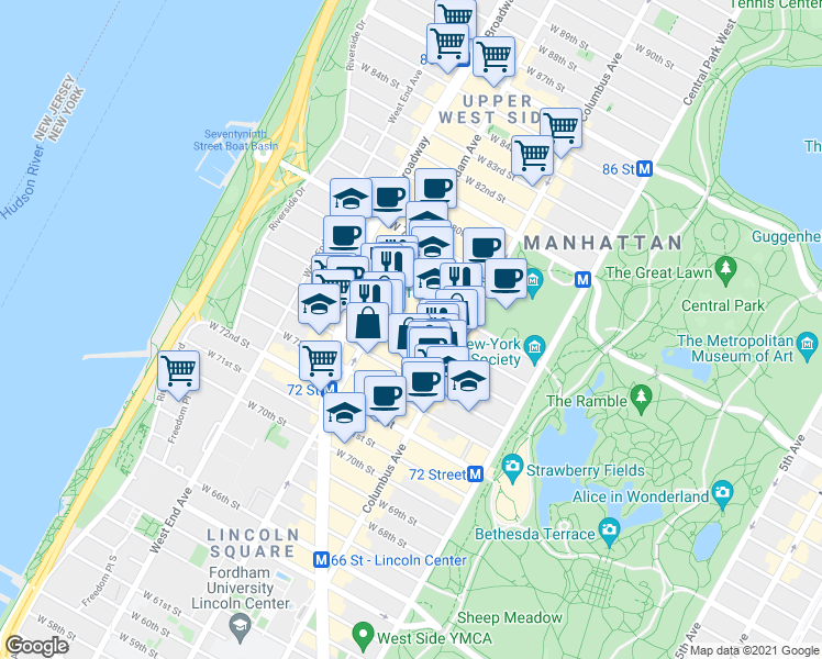 map of restaurants, bars, coffee shops, grocery stores, and more near 141 West 77th Street in New York