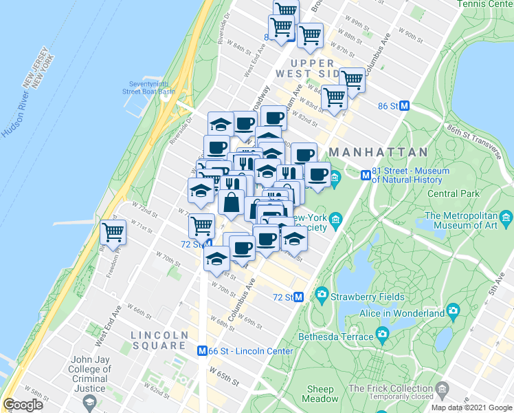 map of restaurants, bars, coffee shops, grocery stores, and more near 141 West 77th Street in New York