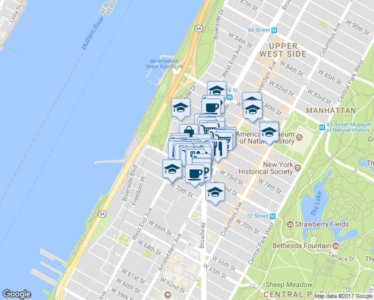 map of restaurants, bars, coffee shops, grocery stores, and more near in New York