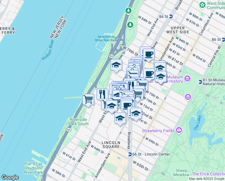 map of restaurants, bars, coffee shops, grocery stores, and more near 279 West End Avenue in New York