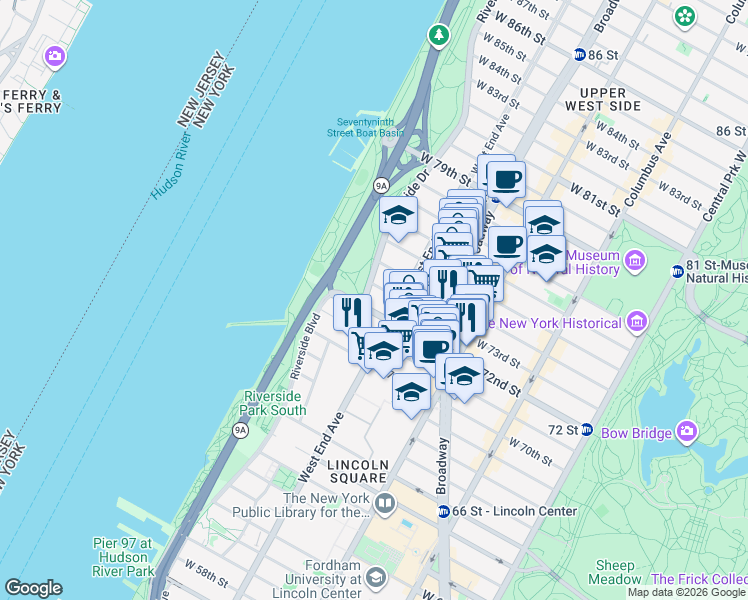 map of restaurants, bars, coffee shops, grocery stores, and more near 277 West End Avenue in New York