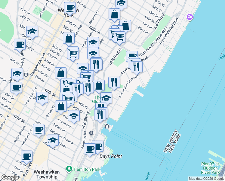 map of restaurants, bars, coffee shops, grocery stores, and more near in West New York