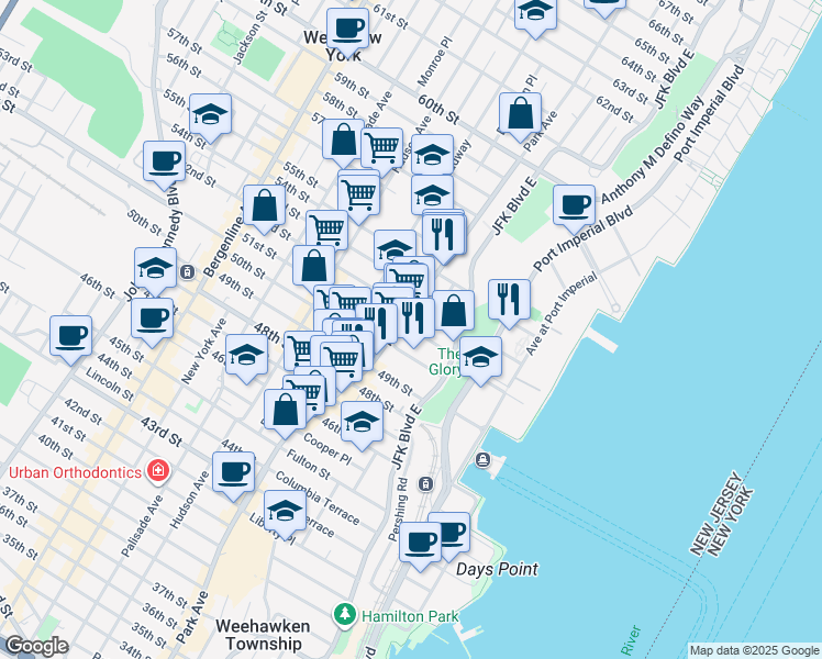 map of restaurants, bars, coffee shops, grocery stores, and more near 32 51st Street in West New York