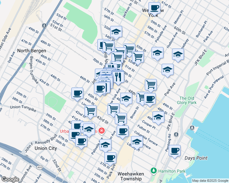 map of restaurants, bars, coffee shops, grocery stores, and more near 414 46th Street in Union City