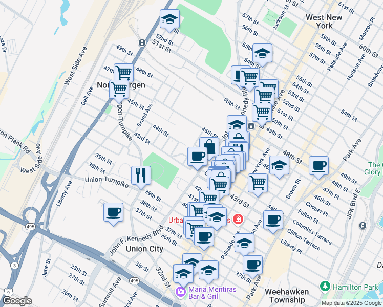 map of restaurants, bars, coffee shops, grocery stores, and more near 1215 43rd Street in North Bergen