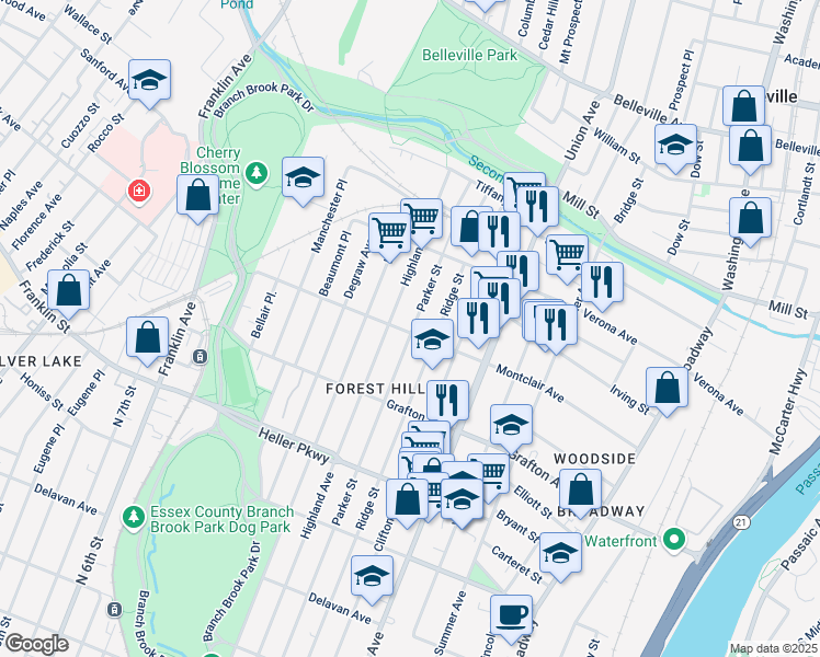 map of restaurants, bars, coffee shops, grocery stores, and more near 235-237 Montclair Avenue in Newark