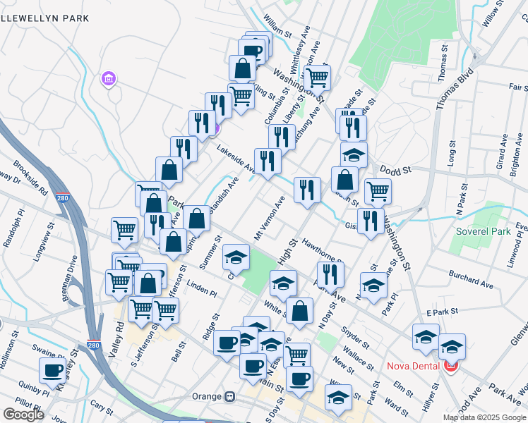 map of restaurants, bars, coffee shops, grocery stores, and more near 213 Mount Vernon Avenue in City of Orange
