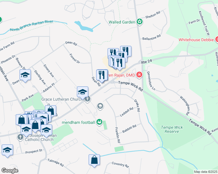 map of restaurants, bars, coffee shops, grocery stores, and more near 85 East Main Street in Mendham