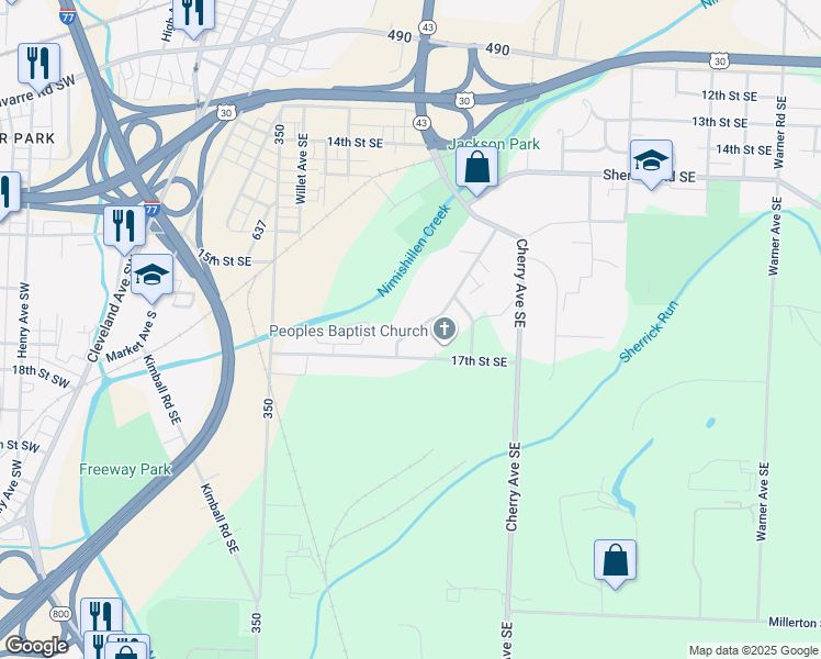 map of restaurants, bars, coffee shops, grocery stores, and more near 634 17th Street Southeast in Canton