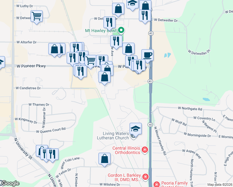 map of restaurants, bars, coffee shops, grocery stores, and more near 7635 Walnut Bend Drive in Peoria