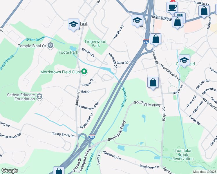 map of restaurants, bars, coffee shops, grocery stores, and more near 21 Bell Drive in Morristown