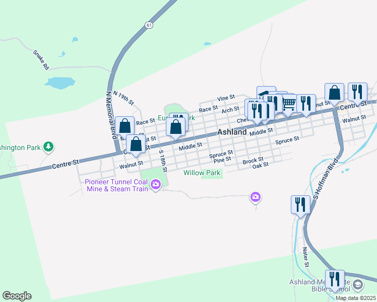 map of restaurants, bars, coffee shops, grocery stores, and more near 1527 Walnut Street in Ashland