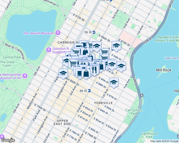 map of restaurants, bars, coffee shops, grocery stores, and more near 207 East 89th Street in New York
