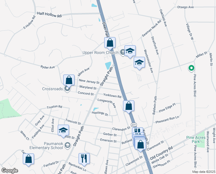 map of restaurants, bars, coffee shops, grocery stores, and more near 42 Maryland Street in Dix Hills