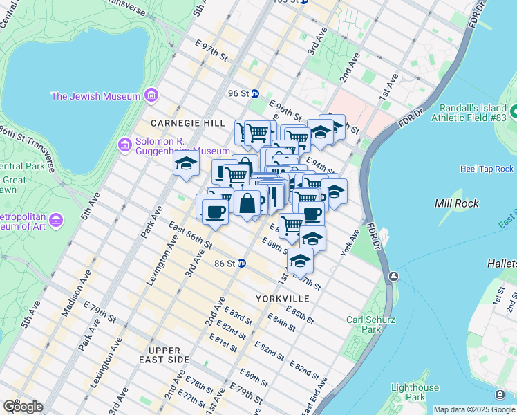 map of restaurants, bars, coffee shops, grocery stores, and more near 240 East 90th Street in New York
