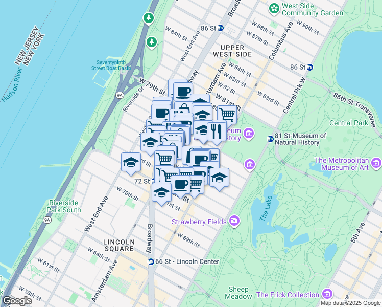 map of restaurants, bars, coffee shops, grocery stores, and more near 154 West 76th Street in New York