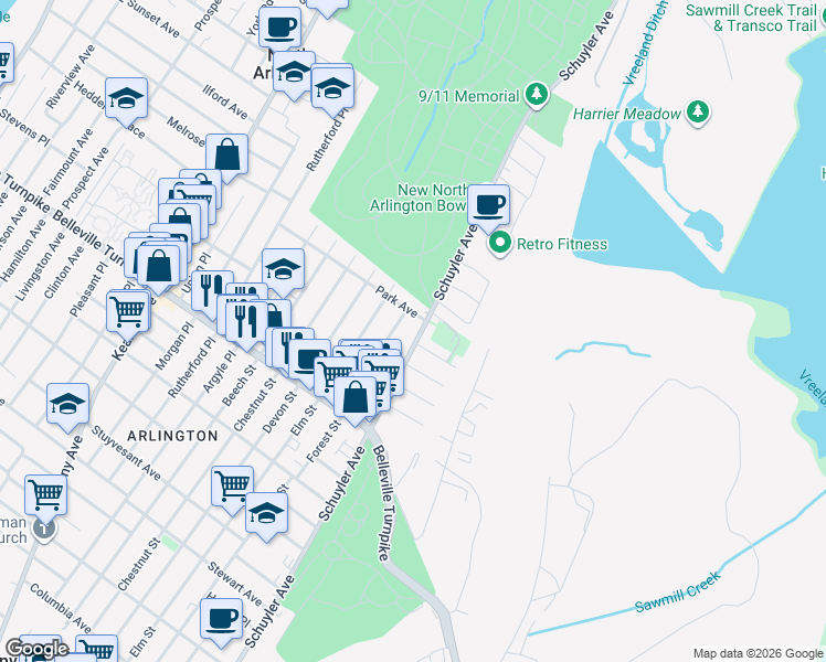 map of restaurants, bars, coffee shops, grocery stores, and more near 79 Schuyler Avenue in North Arlington