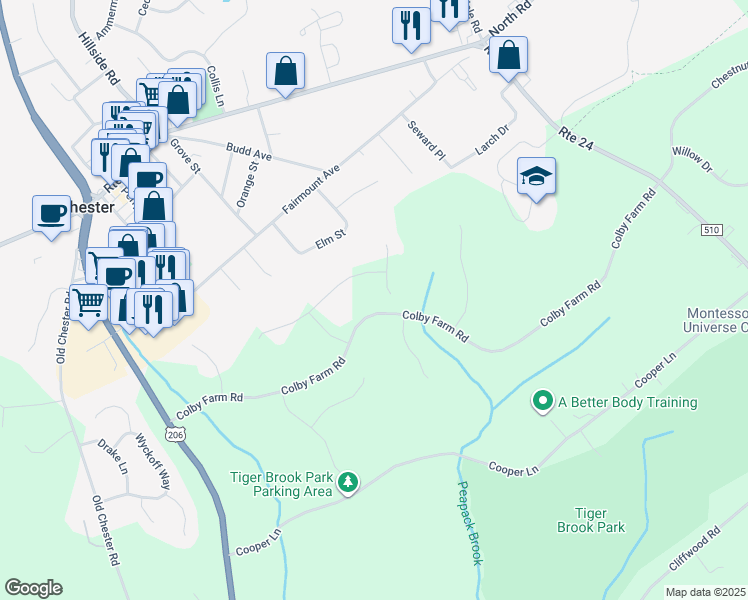 map of restaurants, bars, coffee shops, grocery stores, and more near 1 Old Mine Drift in Chester