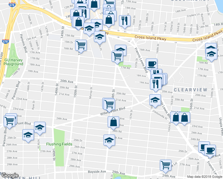 map of restaurants, bars, coffee shops, grocery stores, and more near 20-12 154th Street in Queens