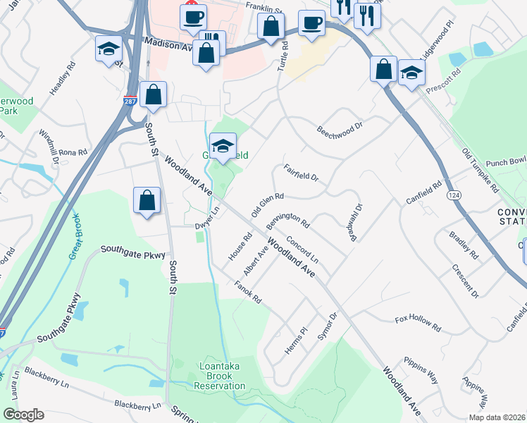 map of restaurants, bars, coffee shops, grocery stores, and more near 64 Old Glen Road in Morristown
