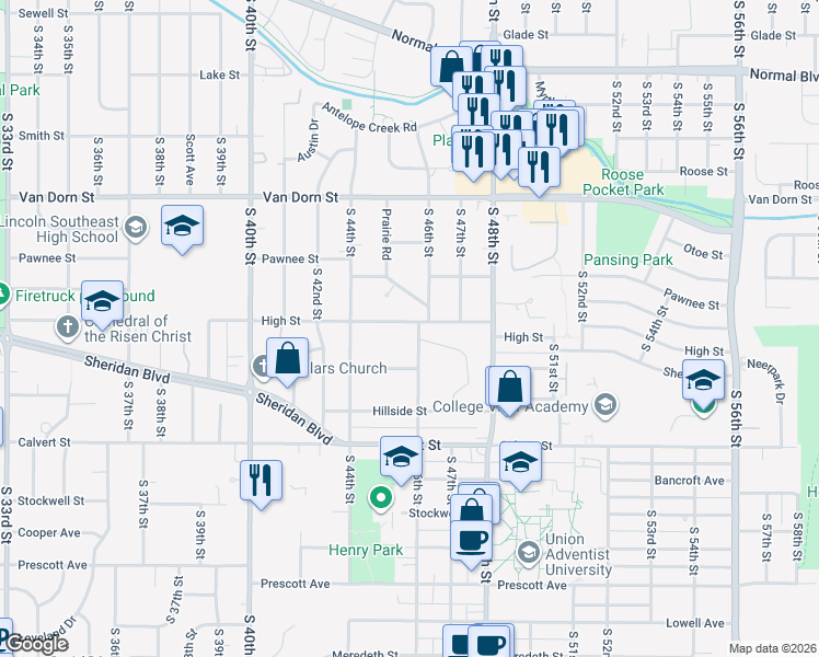 map of restaurants, bars, coffee shops, grocery stores, and more near 3201 South 46th Street in Lincoln