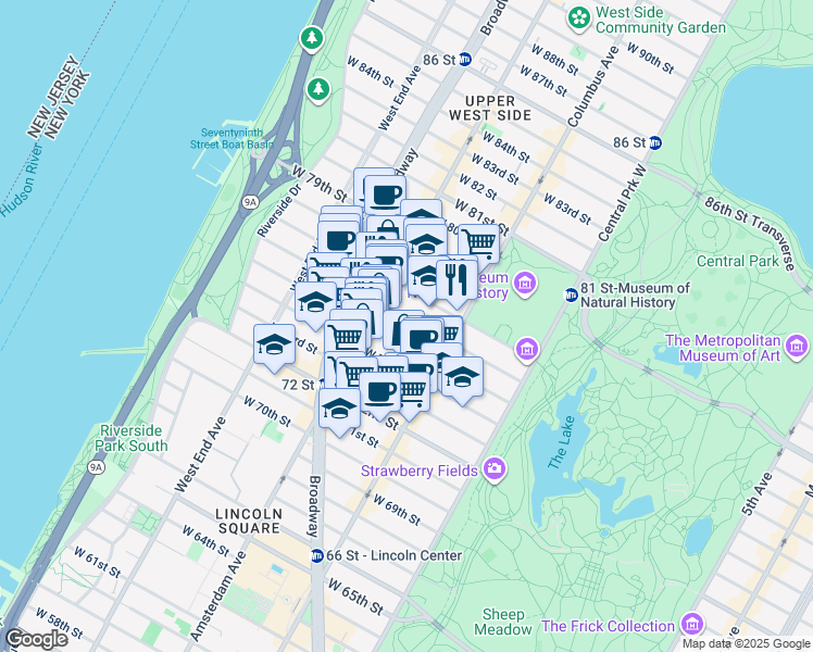 map of restaurants, bars, coffee shops, grocery stores, and more near 150 West 76th Street in New York